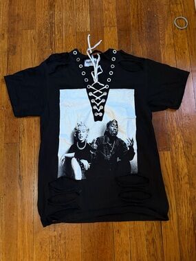 Urban Edge Black Lace-Up Graphic Tee with Marilyn & Tupac Print
